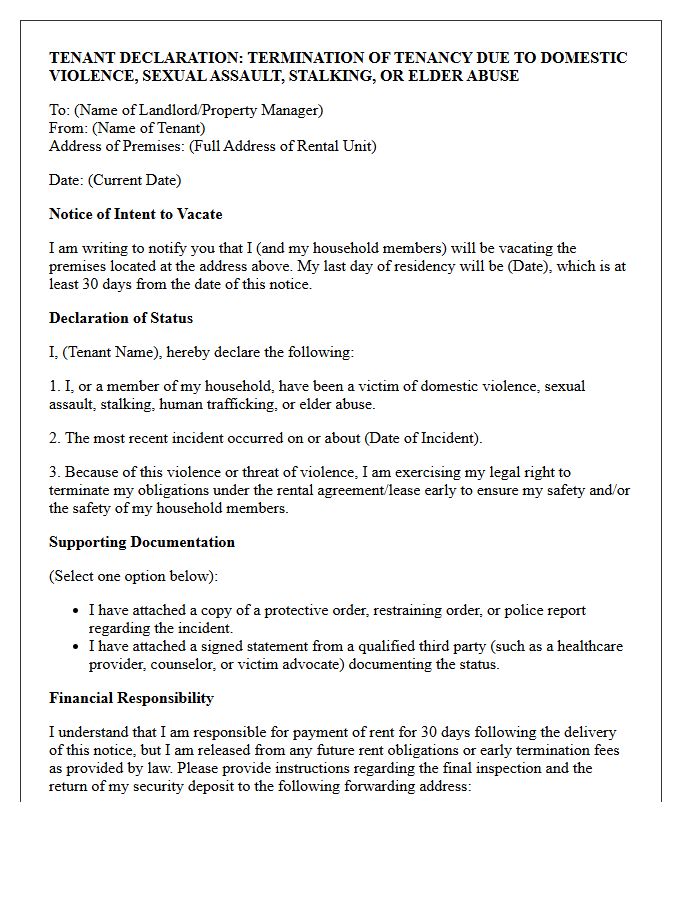 Tenant Declaration Letter Accompanying Notice to Vacate for Domestic Violence Status
