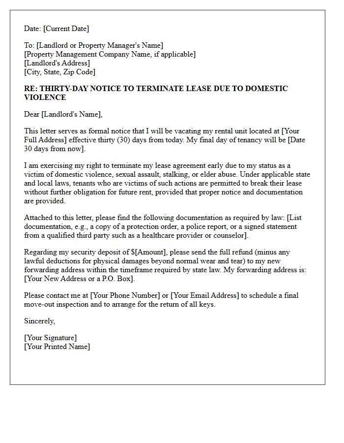 Thirty-Day Notice to Vacate Letter Based on Domestic Violence Status