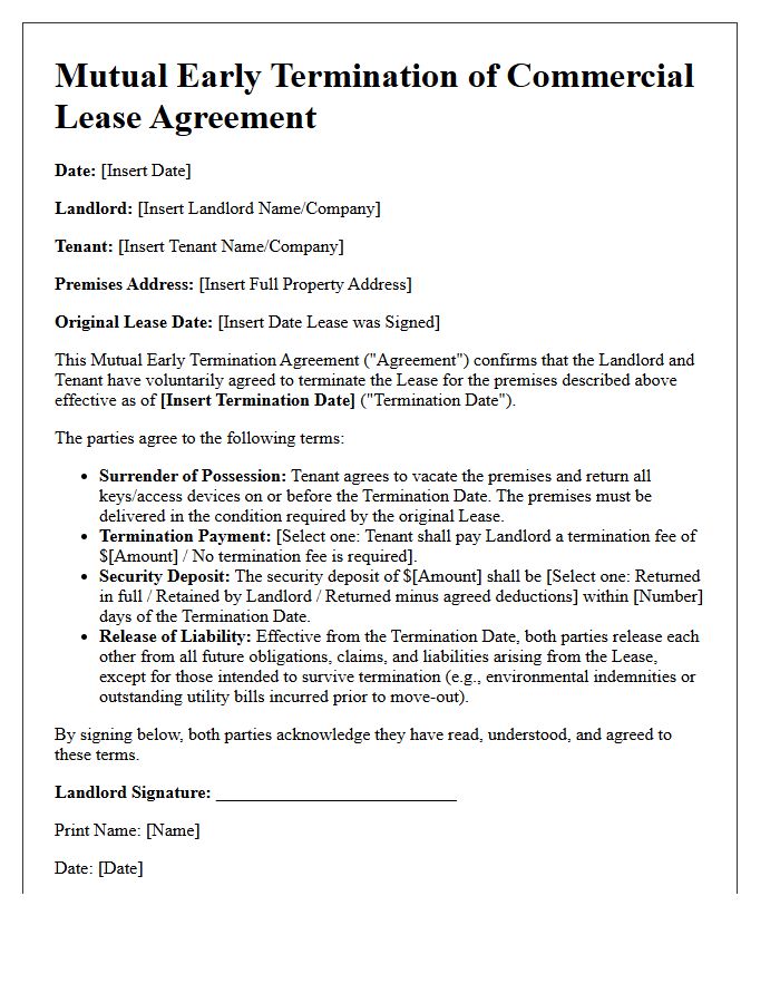 Commercial Lease Mutual Early Termination Agreement Letter