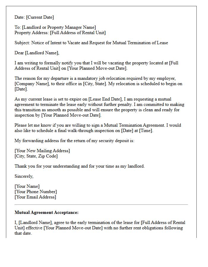Job Relocation Mutual Agreement Notice to Vacate Letter