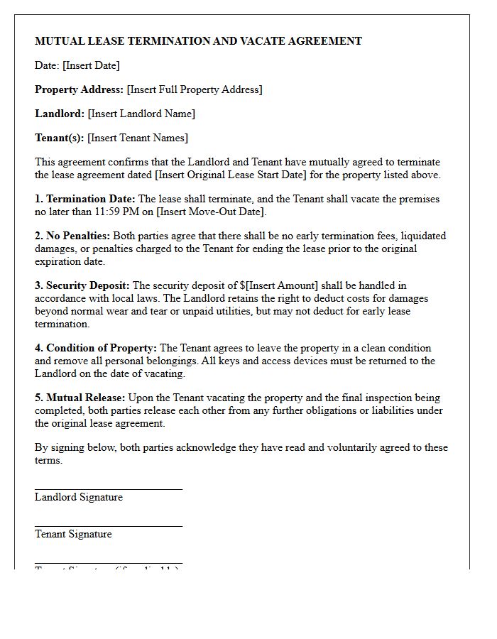 No-Penalty Mutual Early Property Vacate Agreement Letter