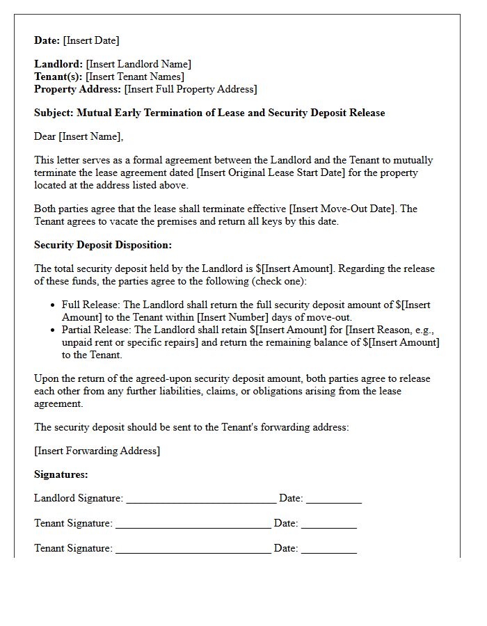 Security Deposit Release Mutual Early Termination Letter