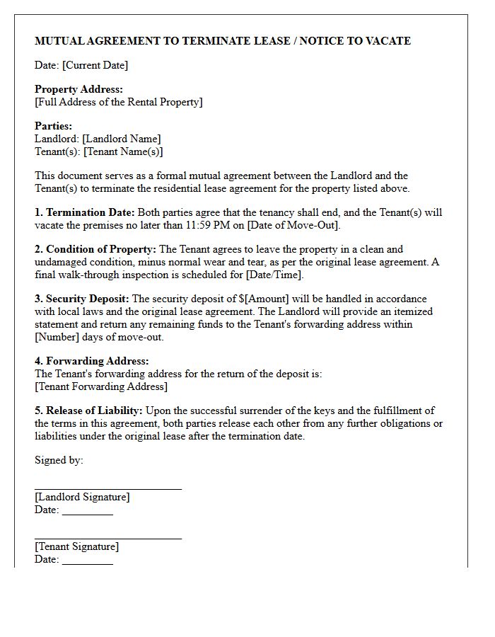 Standard Residential Mutual Agreement Notice to Vacate Letter