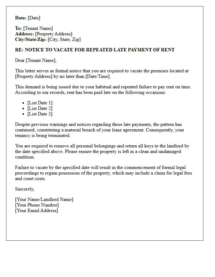 Demand to Vacate Letter for Repeatedly Late Rent
