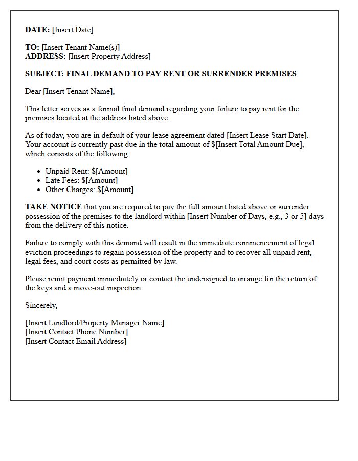 Final Demand to Surrender Premises Letter for Late Rent