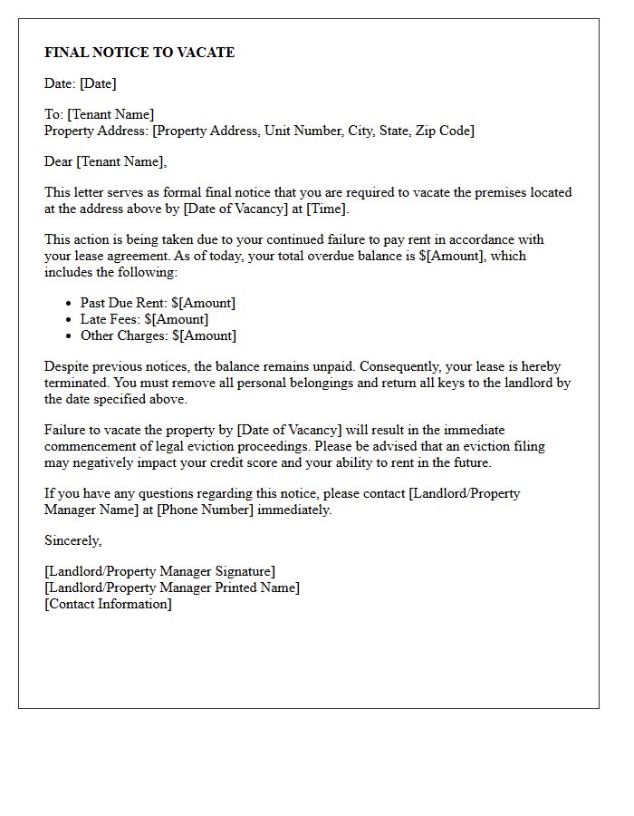 Final Notice to Vacate Letter Due to Tardy Rent
