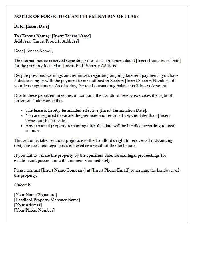 Lease Forfeiture Letter for Ongoing Late Rent Issues