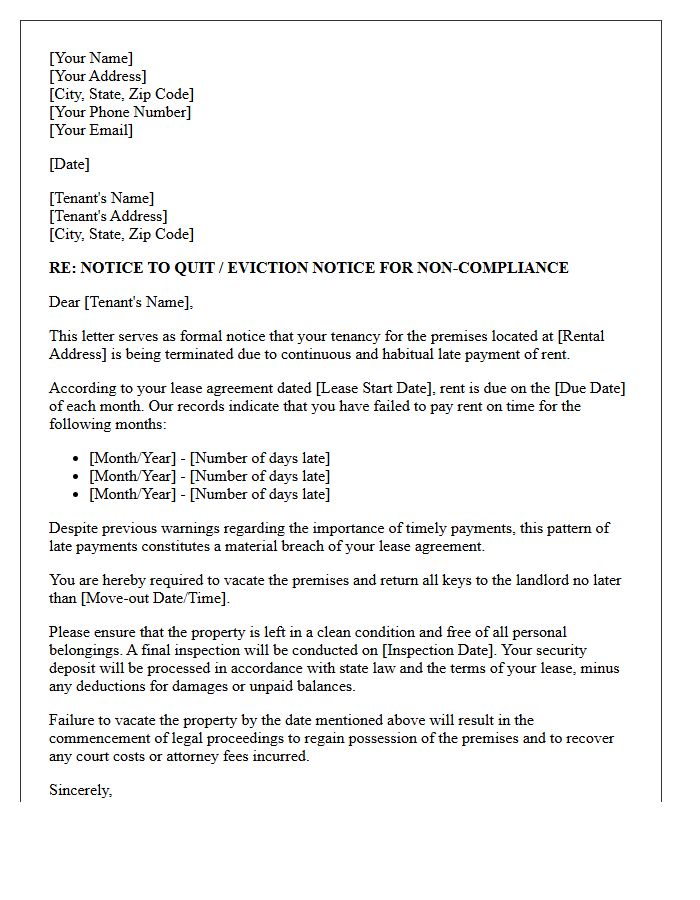 Notice of Eviction Letter for Continuous Late Payments