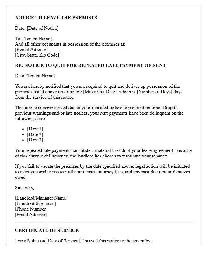 Notice to Quit Letter for Repeated Delinquent Rent