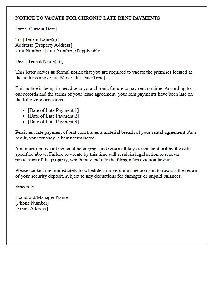 Notice to Vacate Letter for Chronic Late Rent Payments