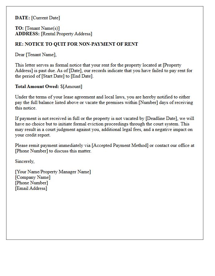 Property Management Letter for Eviction Due to Late Rent