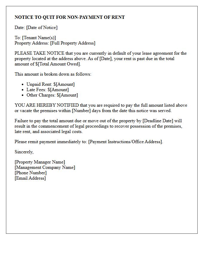 Property Manager Notice to Vacate Letter for Late Rent