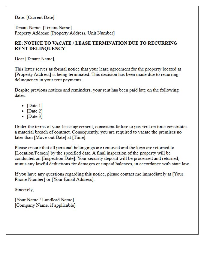 Tenant Dismissal Letter for Recurring Rent Delinquency