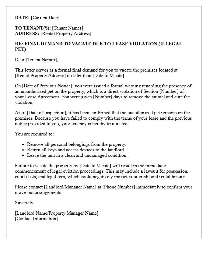 Final Demand To Vacate Letter For Illegal Pets