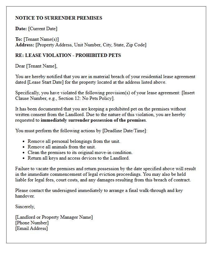 Immediate Surrender Of Premises Letter For Prohibited Pets