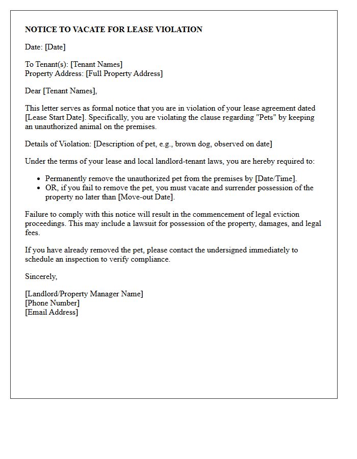 Landlord Notice Letter To Vacate For Unauthorized Pets