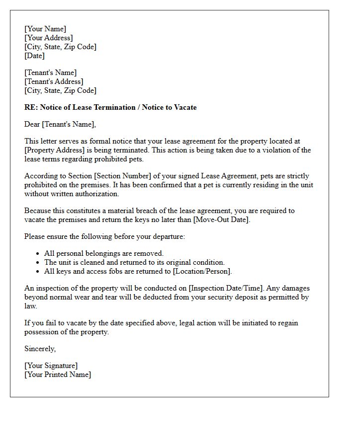 Lease Termination Letter Due To Prohibited Pets