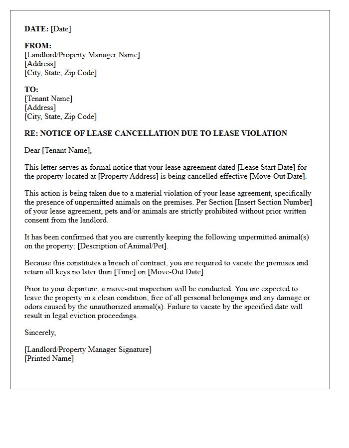Notice Of Lease Cancellation Letter For Unpermitted Animals
