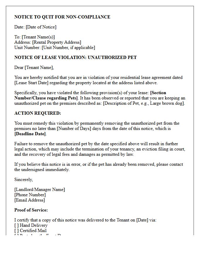 Notice To Quit Letter For Unauthorized Pet Violations