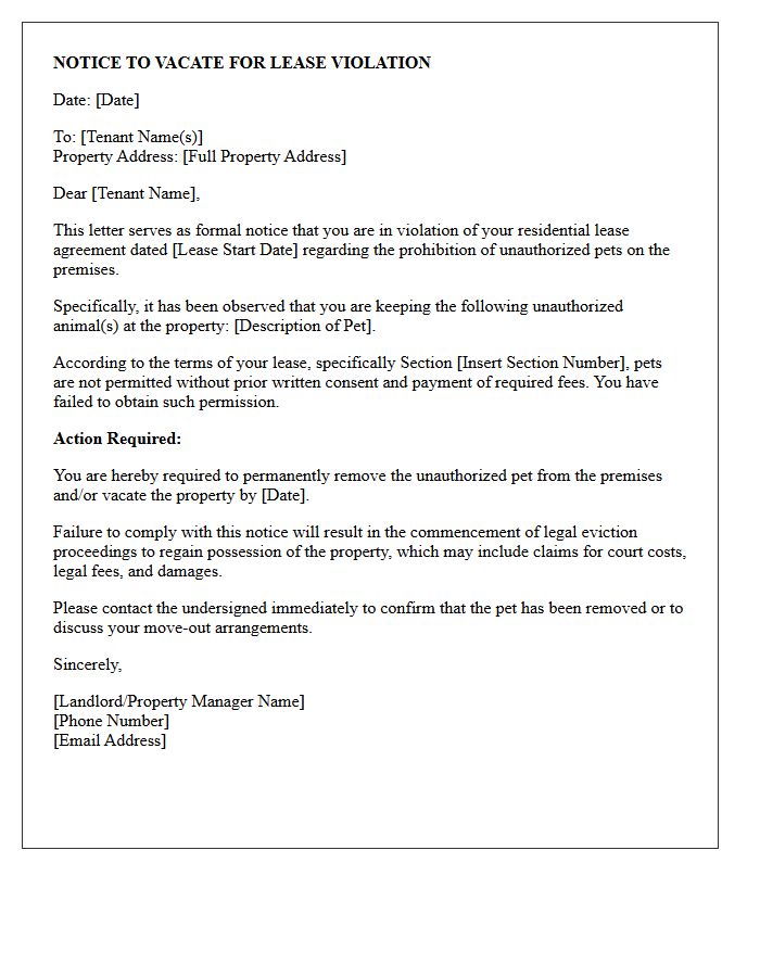 Notice To Vacate Letter For Unauthorized Pets On Premises