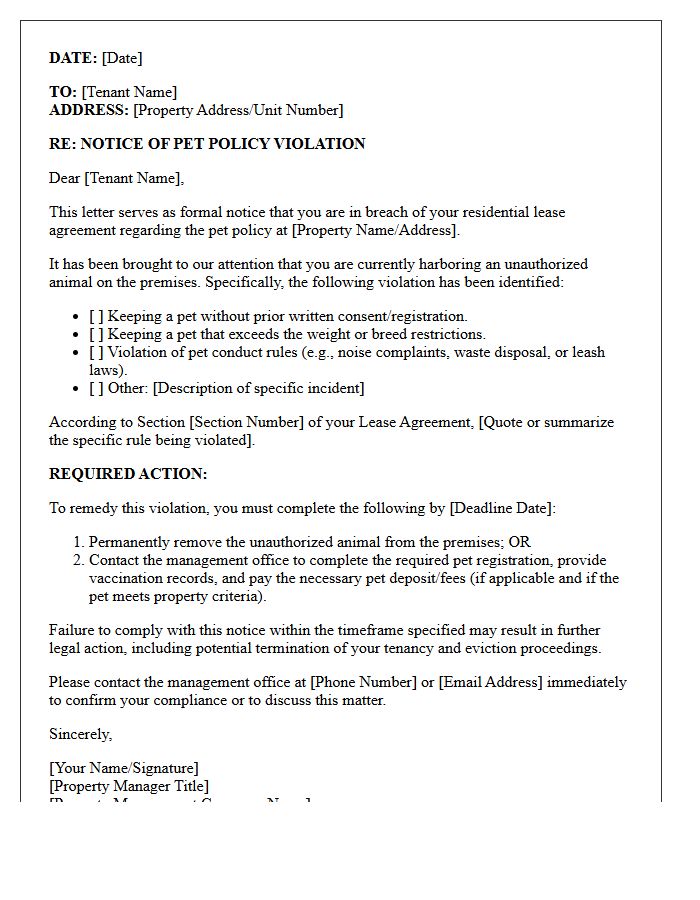 Official Property Management Letter For Pet Policy Breach