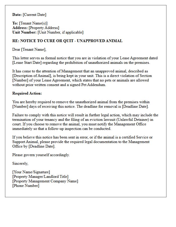 Property Management Eviction Letter For Unapproved Animals