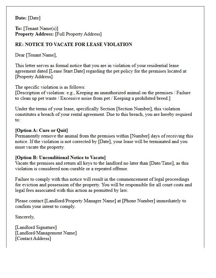 Standard Notice To Vacate Letter For Pet Rule Violations