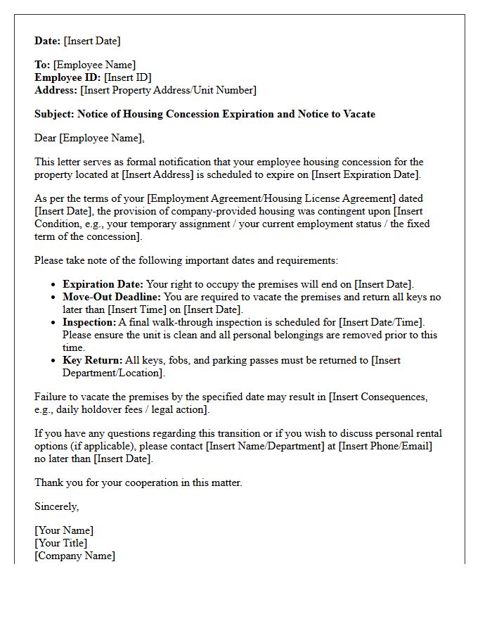 Employee Housing Concession Expiration and Notice to Vacate Letter