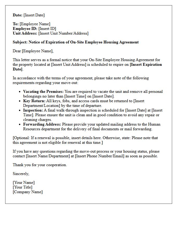 Expiration of On-Site Employee Housing Agreement Notice Letter
