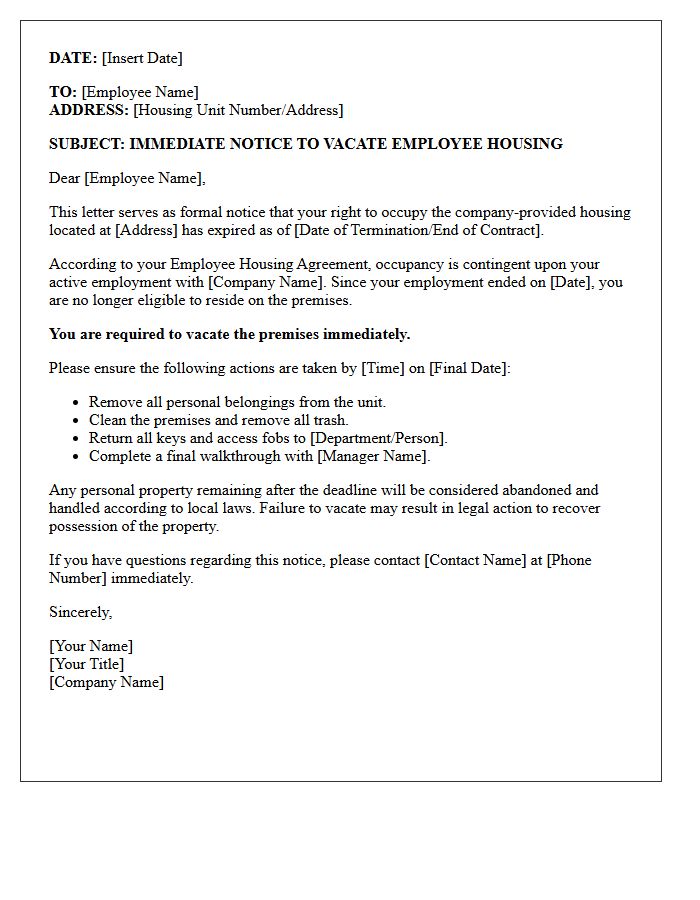 Immediate Notice to Vacate Expired Employee Housing Letter