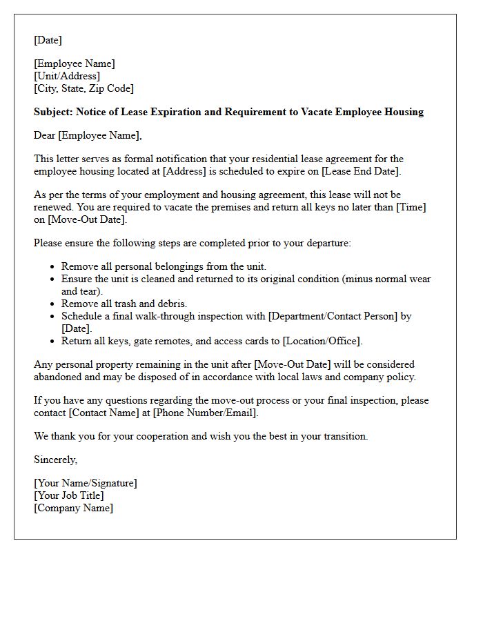 Notice of Lease Expiration and Vacate Requirement for Employee Housing Letter