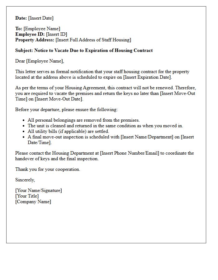 Notice to Vacate Due to Expiration of Staff Housing Contract Letter