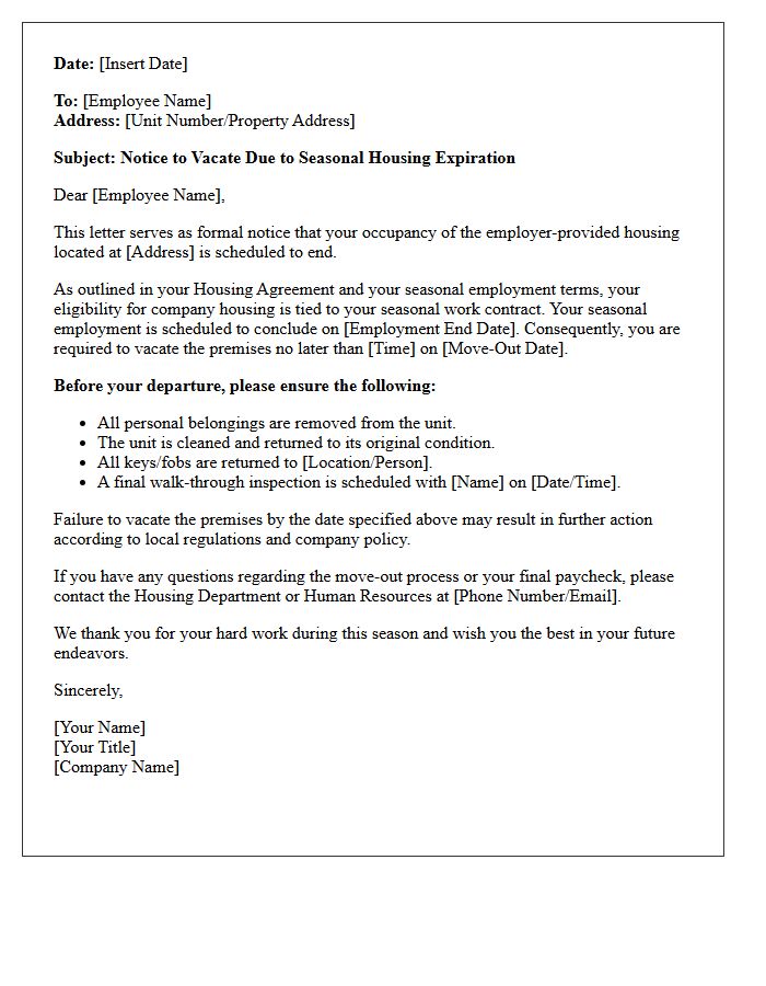 Notice to Vacate Due to Seasonal Employee Housing Expiration Letter