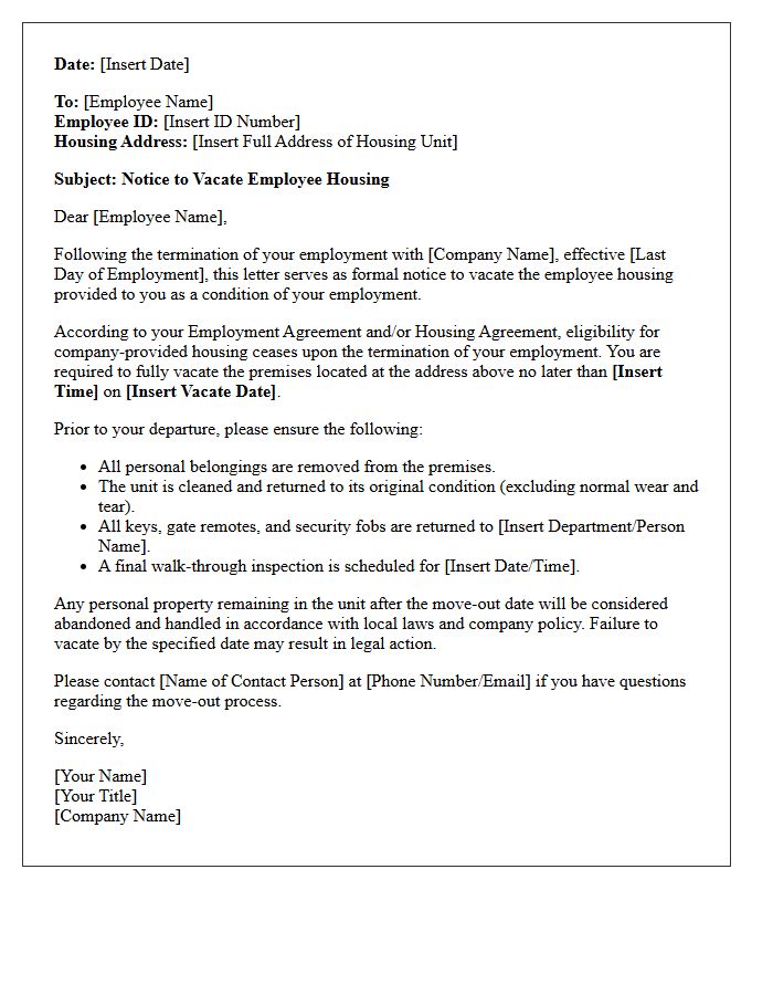 Notice to Vacate Employee Housing Upon Termination of Employment Letter