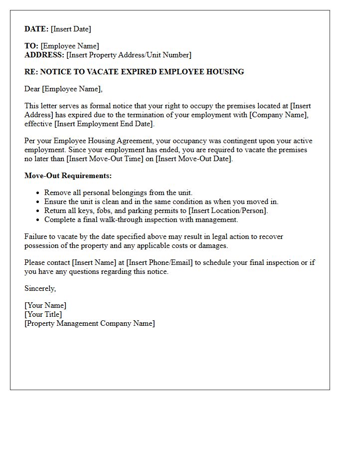 Property Management Notice to Vacate Expired Employee Housing Letter