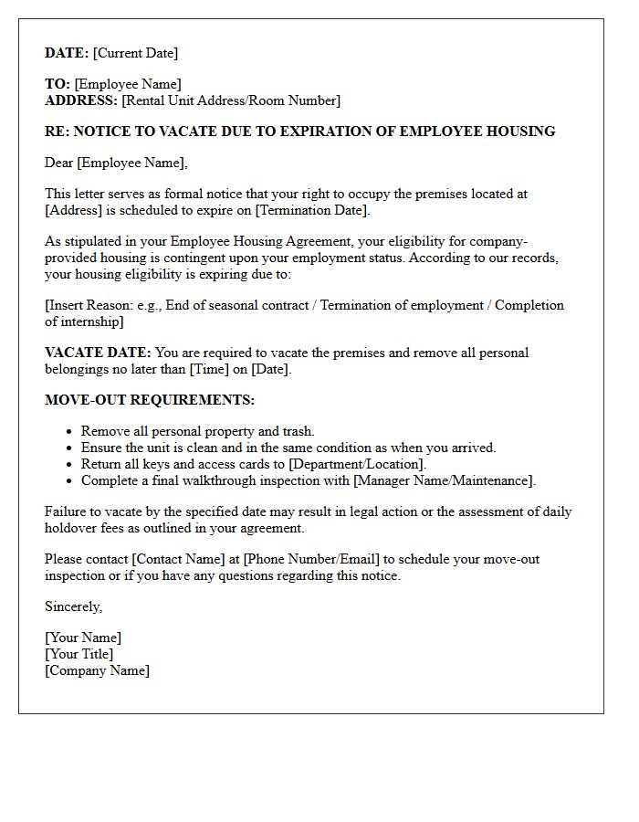 Standard Notice to Vacate Due to Expiration of Employee Housing Letter