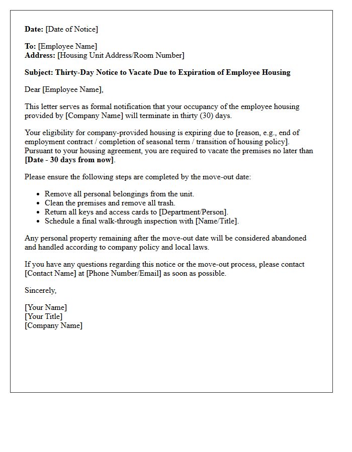 Thirty-Day Notice to Vacate Due to Expiration of Employee Housing Letter
