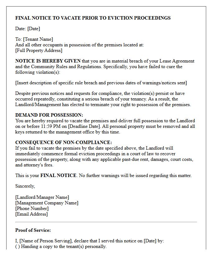 Final Notice to Vacate Prior to Eviction Proceedings for Breach of Community Rules Letter