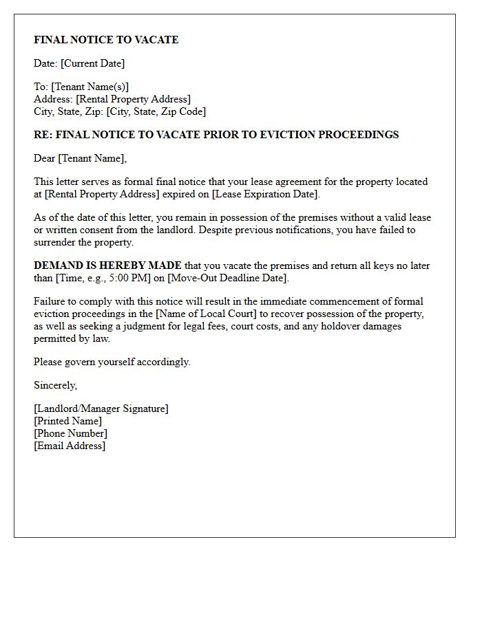 Final Notice to Vacate Prior to Eviction Proceedings for Expired Lease Agreement Letter