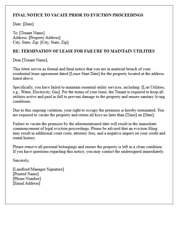 Final Notice to Vacate Prior to Eviction Proceedings for Failure to Maintain Utilities Letter