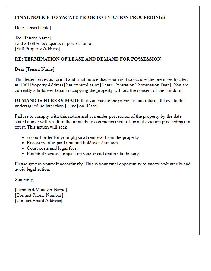 Final Notice to Vacate Prior to Eviction Proceedings for Holdover Tenant Letter