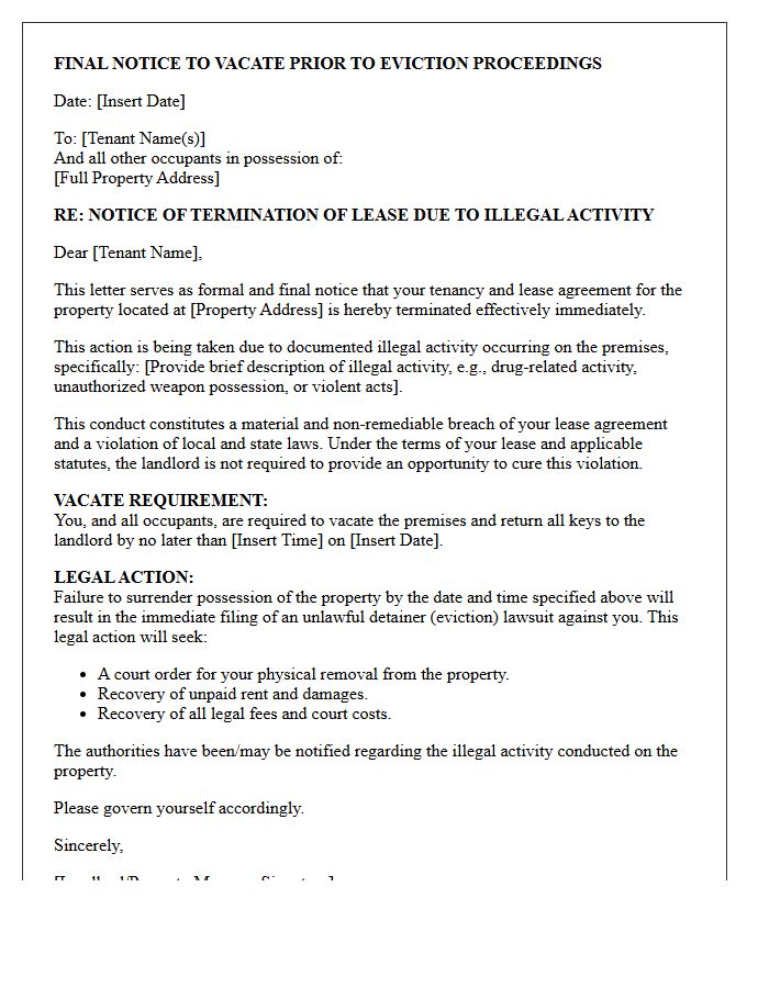 Final Notice to Vacate Prior to Eviction Proceedings for Illegal On-Site Activity Letter
