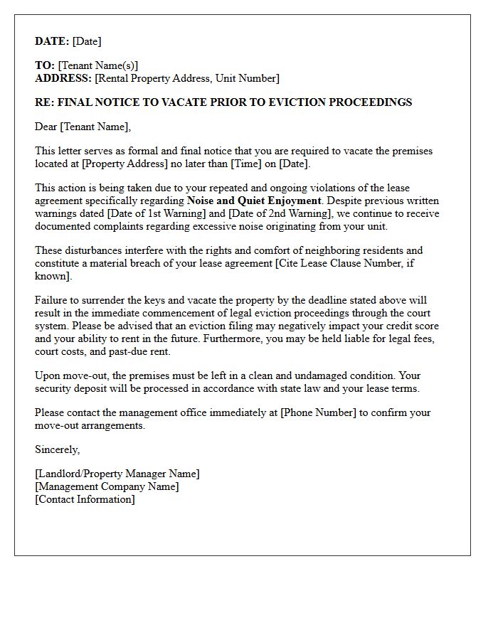 Final Notice to Vacate Prior to Eviction Proceedings for Repeated Noise Violations Letter