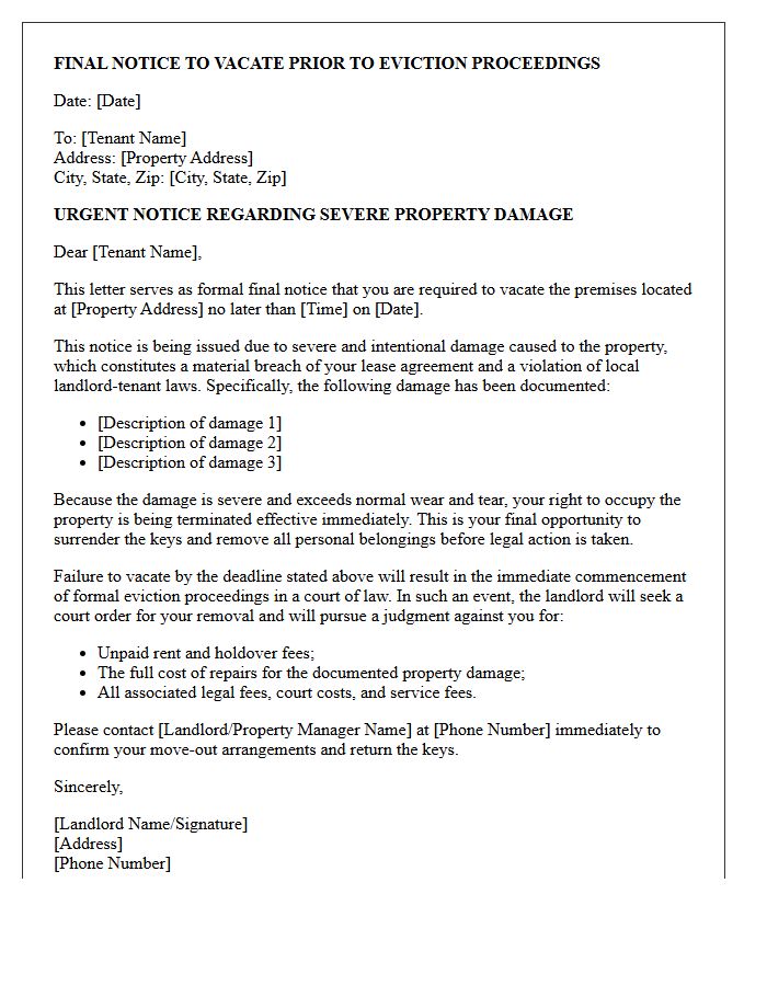 Final Notice to Vacate Prior to Eviction Proceedings for Severe Property Damage Letter