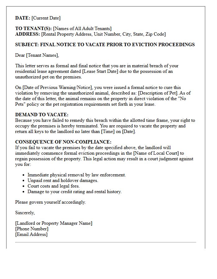 Final Notice to Vacate Prior to Eviction Proceedings for Unauthorized Pet Possession Letter