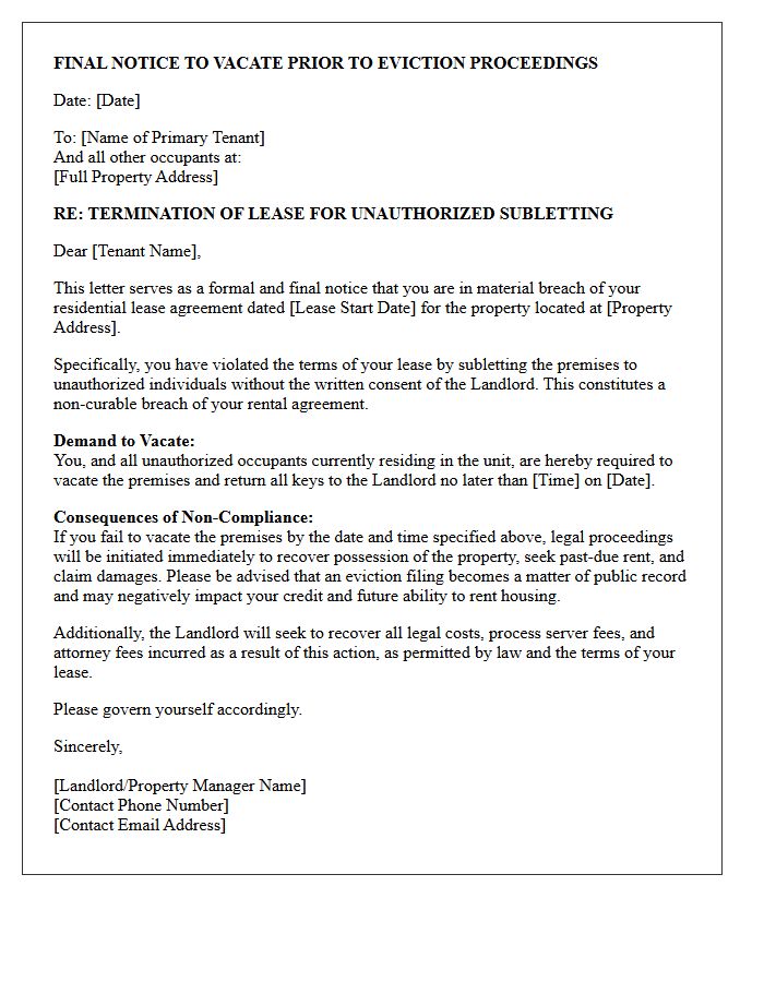 Final Notice to Vacate Prior to Eviction Proceedings for Unauthorized Subletting Letter