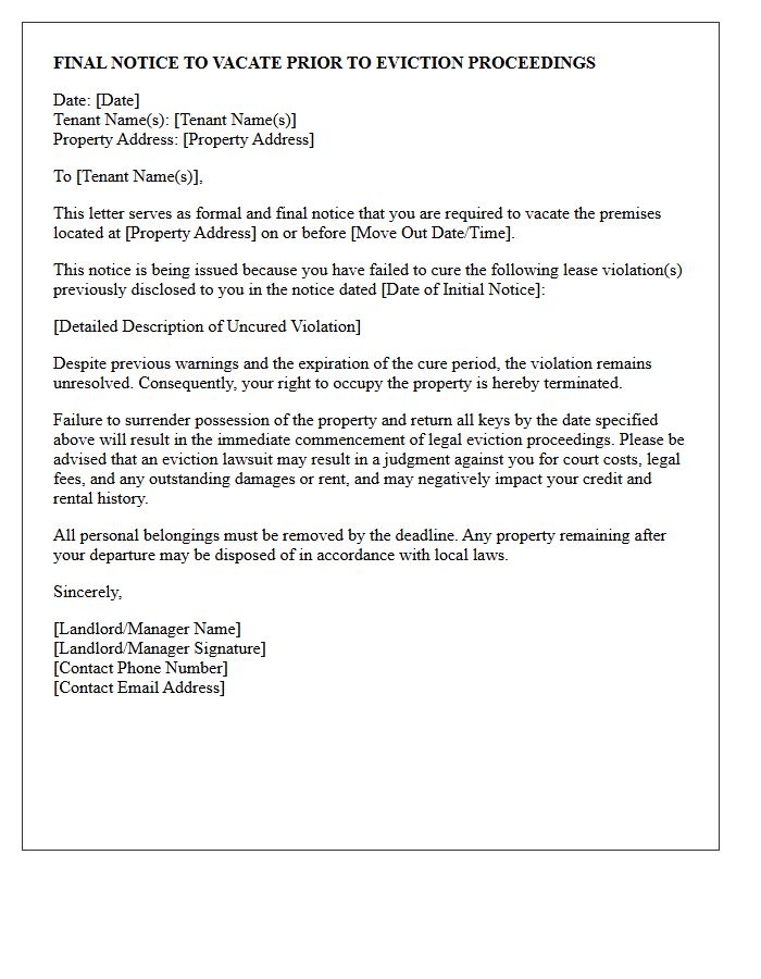 Final Notice to Vacate Prior to Eviction Proceedings for Uncured Lease Violation Letter
