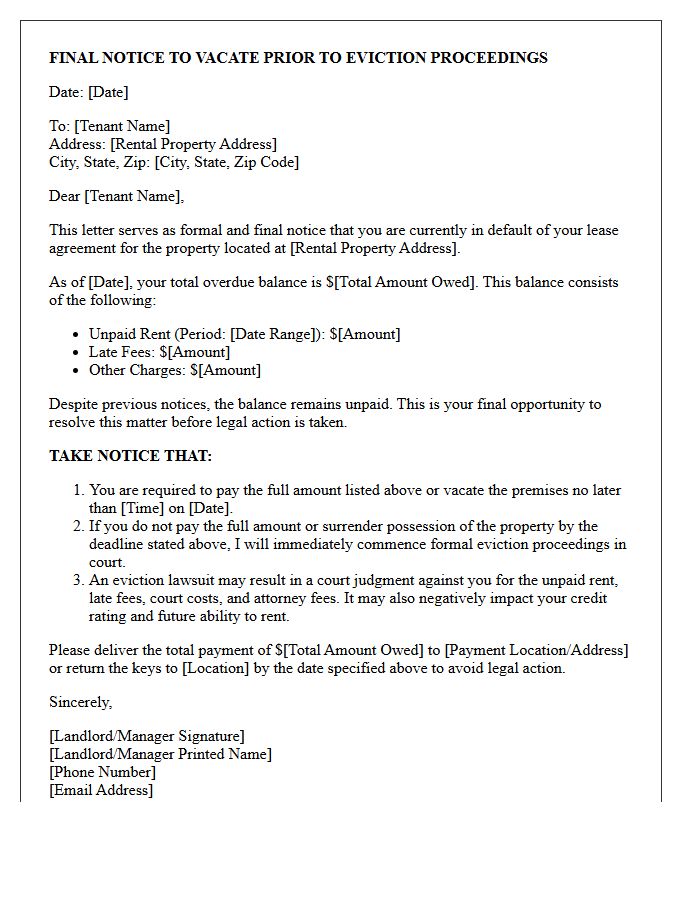Final Notice to Vacate Prior to Eviction Proceedings for Unpaid Rent Letter