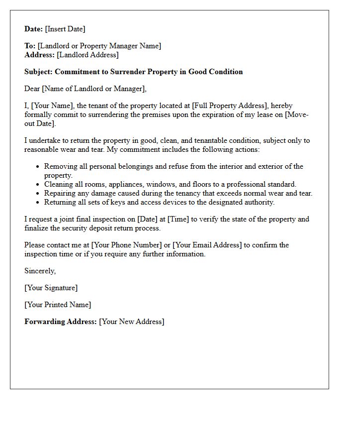 Commitment to Surrender Property in Good Condition