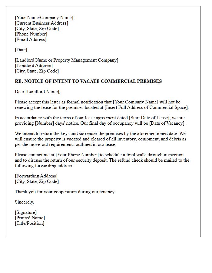 Notice of Intent to Vacate Commercial Lease Letter